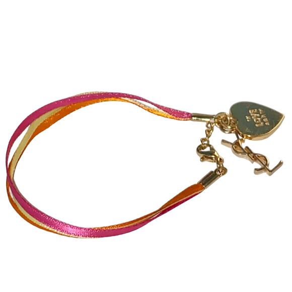 M VTG YSL Yves Saint Laurent In Love Again Gold Heart Logo Charm Ribbon Bracelet - Picture 11 of 16